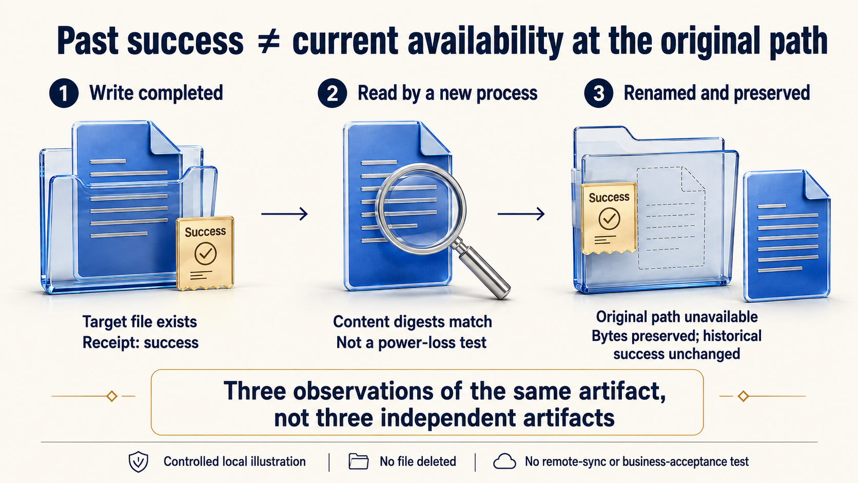 The same artifact at write completion, independent read-back, and after a recoverable rename
